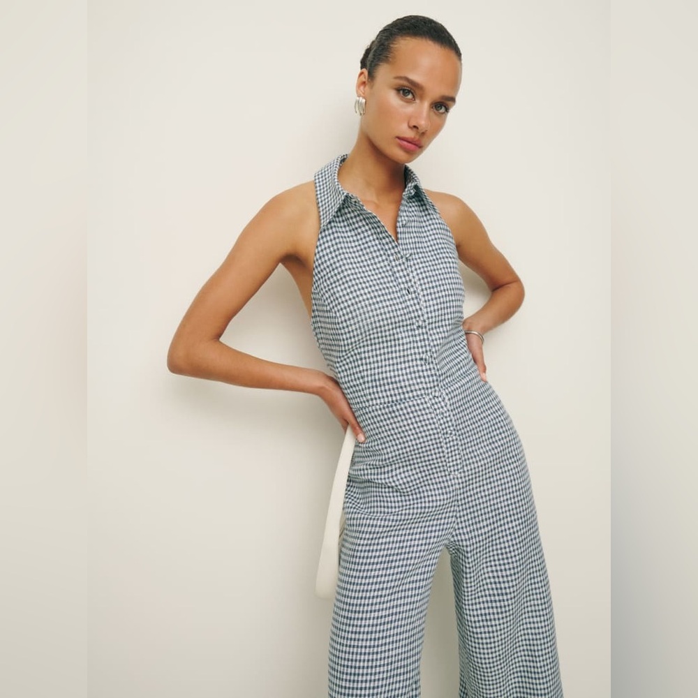Reformation Blue and White Gingham Halter Jumpsuit